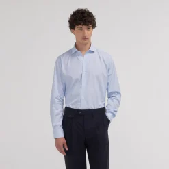 HAST Chemise cintrée en popeline double retors à petites rayures bleu ciel> Cintrée | Chemises Bleues