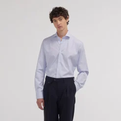 HAST Chemise cintrée en popeline double retors faux-uni à fines rayures bleues> Cintrée | Chemises Bleues