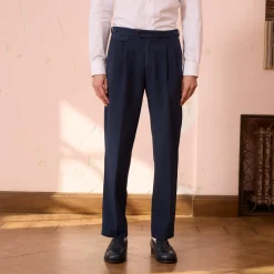 HAST Pantalon à double plis en coton et lin marine> Pantalons