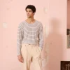 HAST T-shirt à manches longues en coton et lin écru à rayures marine> T-Shirts Et Polos